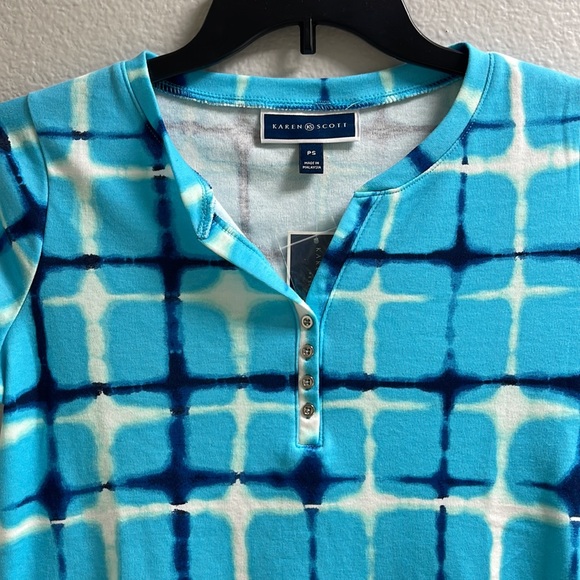 Karen Scott V-neck Front 4 buttons Short Sleeve Top Blue Navy White Stripes - Picture 3 of 13